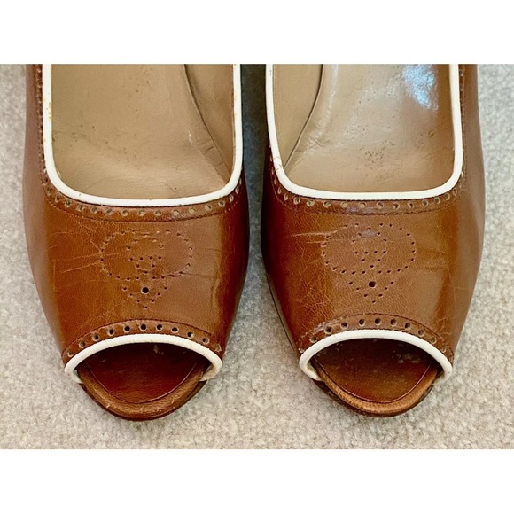 RARE VINTAGE 70s GUCCI ITALY GG LOGO PUMPS HEELS BROWN WHITE LEATHER OPEN TOE 37 - Picture 6 of 11